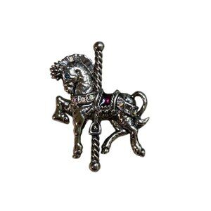 Vintage Danecraft Silver-Plated Rhinestone Carousel Horse Pin Brooch
